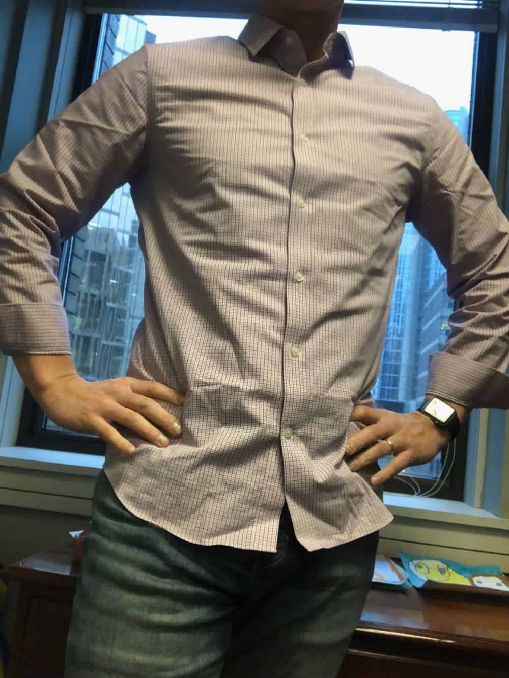 Banana Republic slim fit men's dress shirt - untucked. It's a good length for the untucked look. The jeans are BR slim fit jeans. Banana Republic slim fit men's dress shirt - untucked. It's a good length for the untucked look. The jeans are BR slim fit jeans.