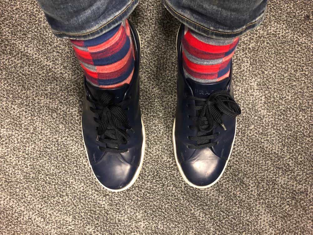 My blue Prada shoes with colorful red socks