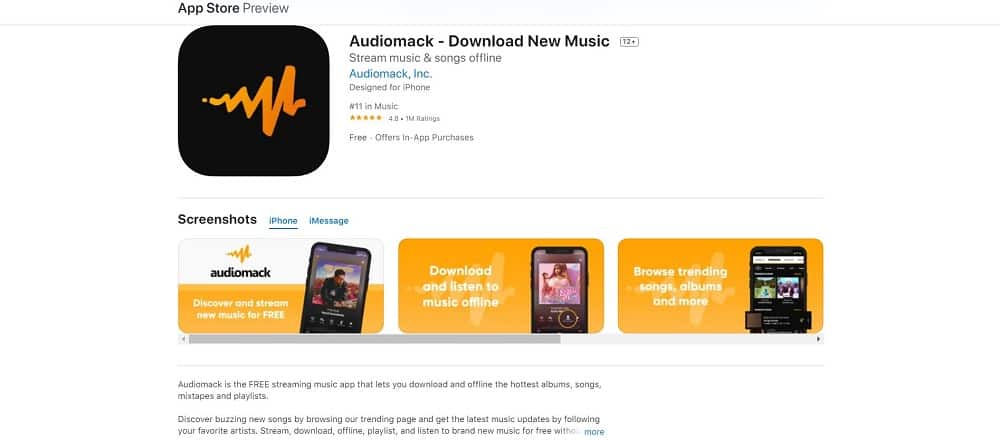 This is a screenshot of the Audiomack App Installation Page.