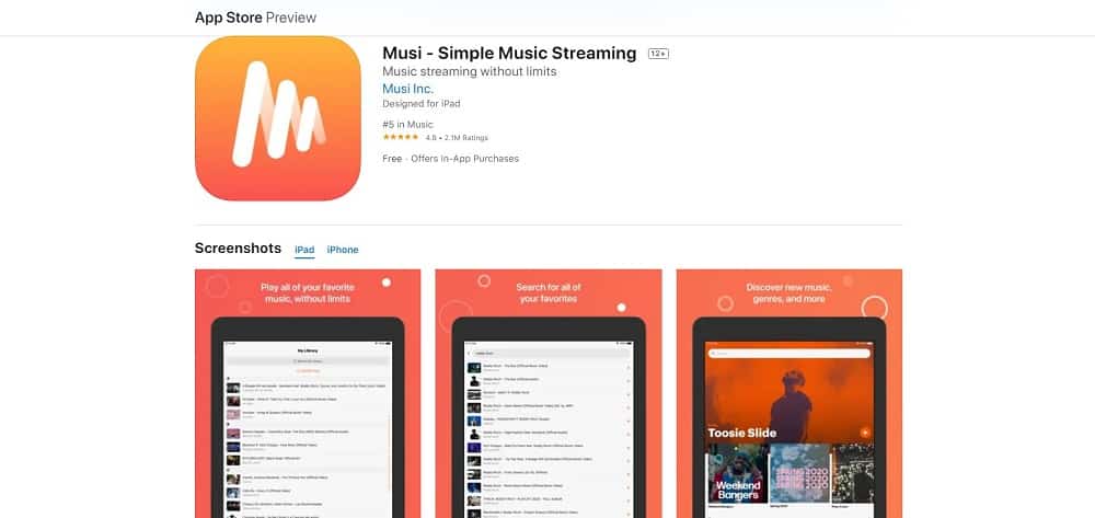 This is a screenshot of the Musi App Installation page.