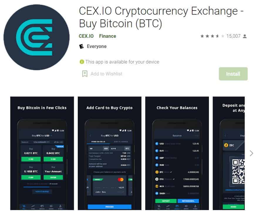 This is a screenshot of the CEX.IO app installation page.