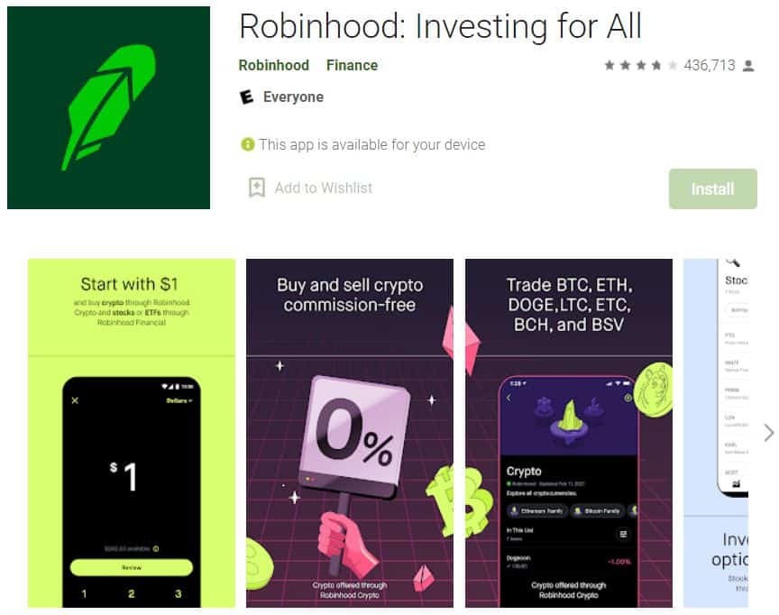 This is a screenshot of the Robinhood app installation page.