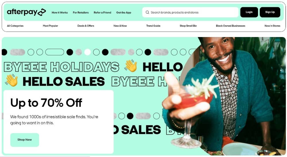 Screenshot of Afterpay's homepage.