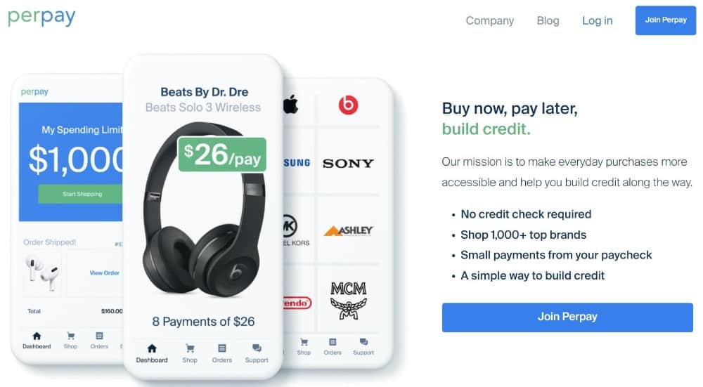 Screenshot of PerPay's homepage.